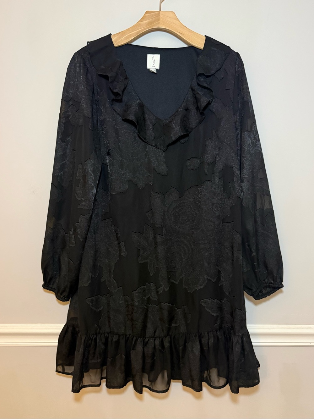 Joie black burnout ruffle long sleeve floral dress. XL